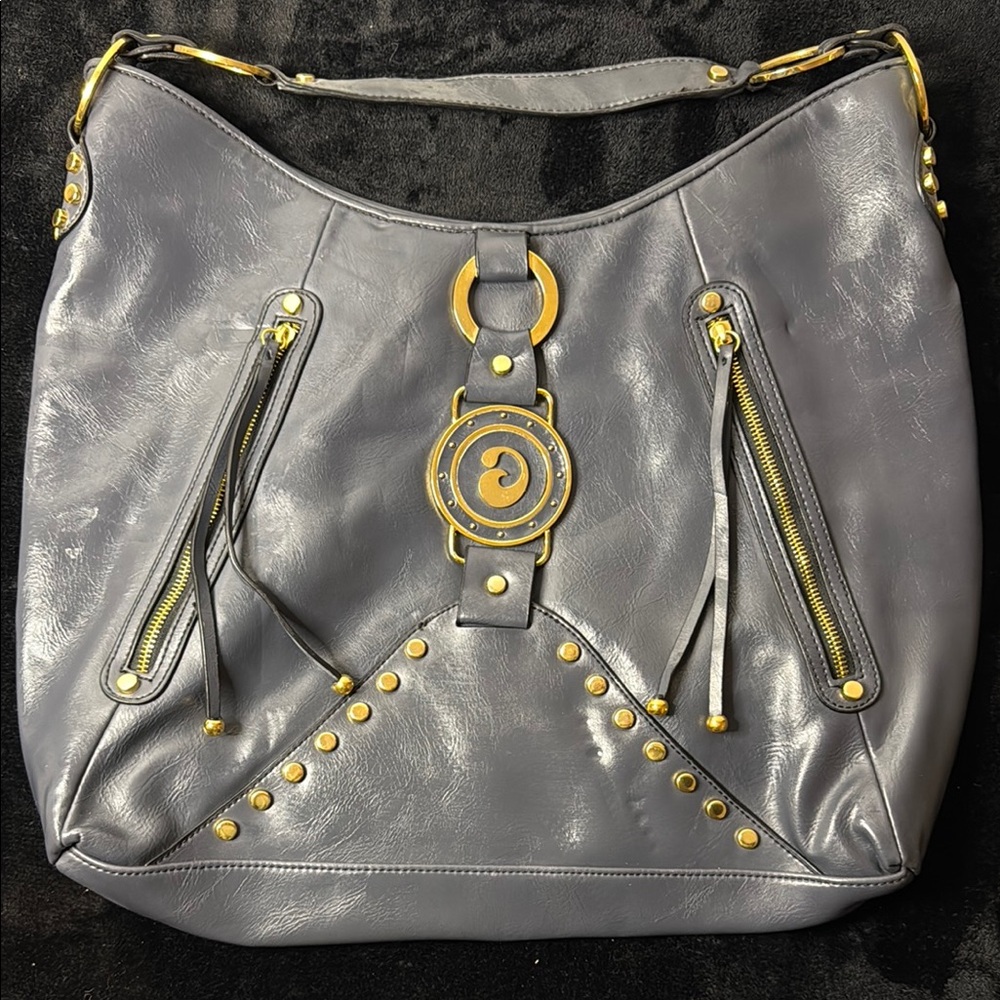 Dereon Gray and Gold Hobo Bag with Medallion Detail